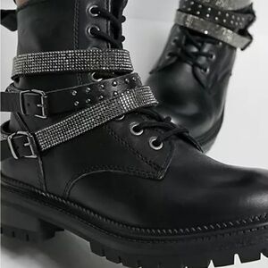Steve Madden Captain Black Leather Combat Biker Triple Strap Studded Boots 8